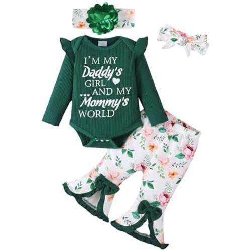 SUNNY PIGGY Newborn Baby Girl Clothes Infant Outfits Romper Floral Fall Outfit Bell Bottoms Pant Sets Hat Headband Flowerpant