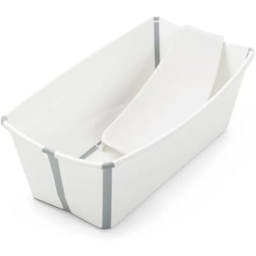 Stokke Flexi Bath Portable Baby Bathtub Bundle with Heat-Sensitive Plug and Newborn Baby Bath Support, White Grey
