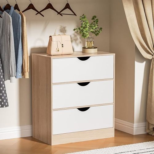 3 Drawers Dresser for Bedroom, Fabric PU Drawer with Wood Frame, Large Organizer, Small Dresser with Drawer, Chest of Drawers for Closet, Living Room,Hallway,Oak and White