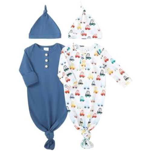 AMAWMW 2 Pack Newborn Baby Girl Boy Sleeper Gown Knotted Nightgown with Hat Pajamas Set Infant Gifts Stuff Essential Outfit