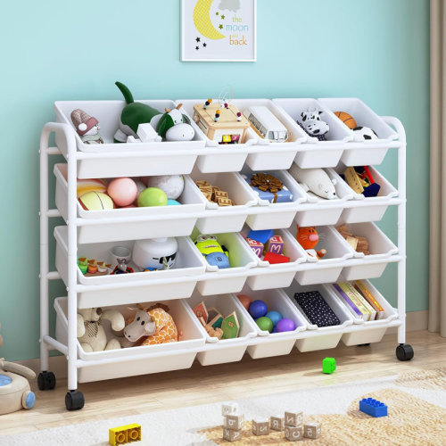 Zoomie Kids Ambroselli Zoomie Kids Toy Storage Organizer with Plastic Bins, 4-Tier Metal Toy Storage Rack, Metal Toy Organizer with Storage Bins for Kids Room, Playroom and Nursery & Reviews | Wayfair