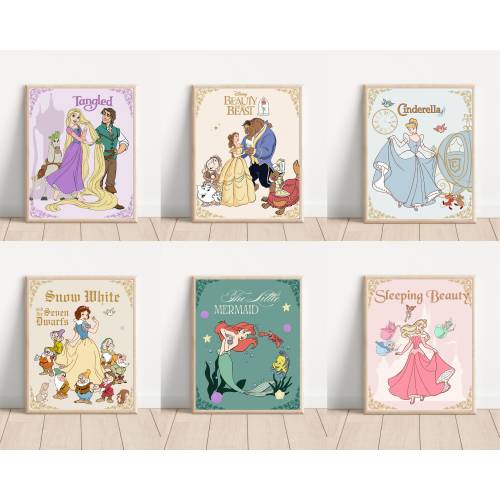 Printable Vintage Princess Poster, Nursery Kids Wall Art, Princess Art Set of 6