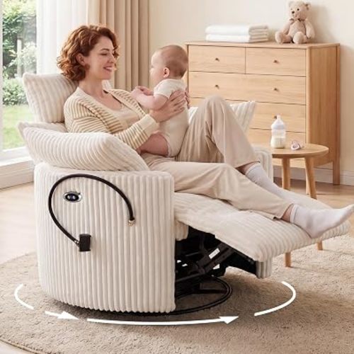 Power Nursery Glider Recliner with USB Port, 300° Swivel Rocking Chair with 4" Height and 55° Angle Adjustable Headrest, 2 Pillows and Phone Holder, 400 LBS, Corduroy, White