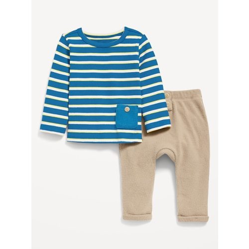 Printed Buttoned-Pocket T-Shirt and Thermal-Knit Pants Set for Baby
