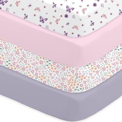Little Grape Land Crib Sheets for Girls, 4-Pack Soft Microfiber Fitted Baby Sheets for Standard Crib and Toddler Mattress 28x52x8 Inch – Breathable & Secure (Butterfly, Floral, Pink, Purple)