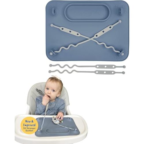 BUSY BABY Silicone Mat - NEW and Improved Suction Cups, 4 Straps to Secure Baby Essentials, Self Feeding, Baby Led Weaning, Travel Sleeve Included (Pewter)