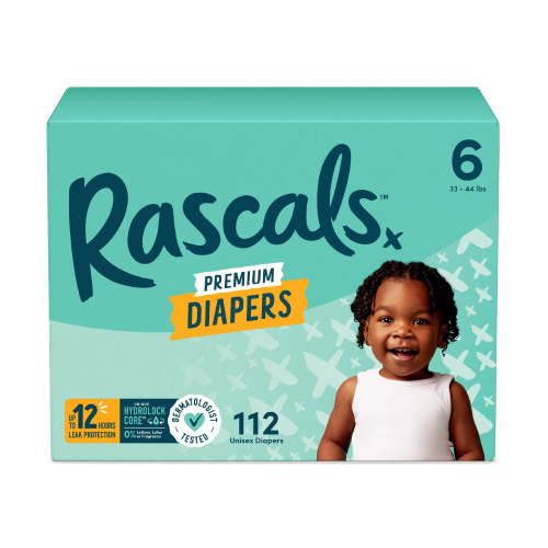 Rascals Premium Absorbent Baby Diapers, Size 6, 112 Count