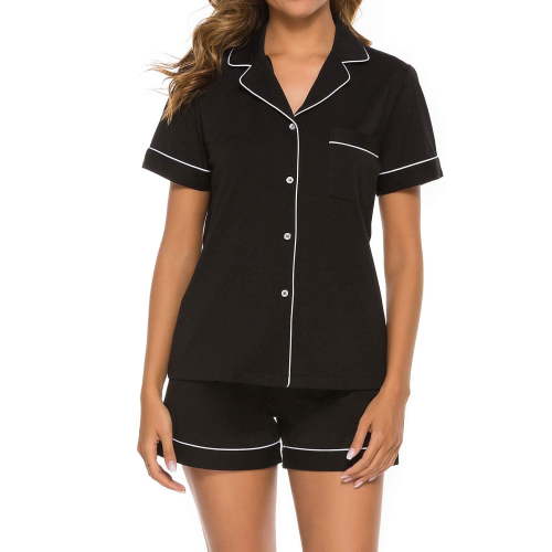 ANLIQI Womens 100% Cotton Pajamas Short Set Soft Short Sleeve Sleepwear Button Down Summer Pjs Set with Pockets(Black, Medium)