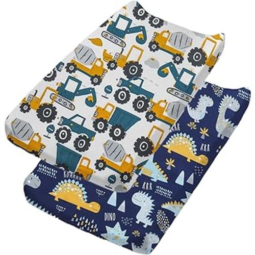 2 Pack Changing Pad Cover for Girls Boys, Ultra Soft Breathable Cotton, Baby Diaper Change Table Pad Covers (32"x16", Dinosaurs Car)