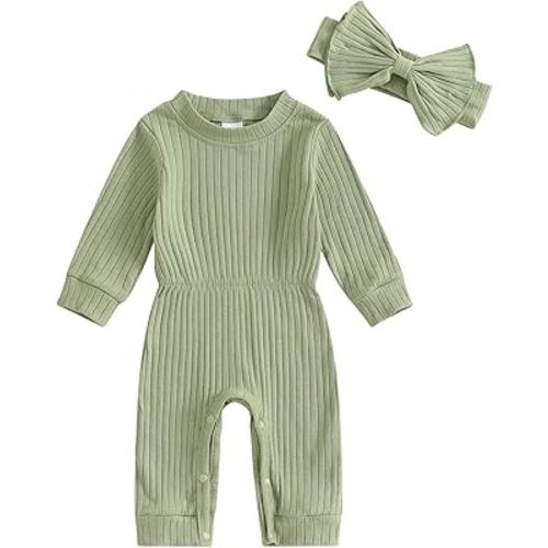 Newborn Baby Girl Fall Outfits Long Sleeve Ribbed Romper Jumpsuit with Headband Set Infant Girl Clothes
