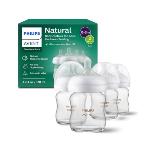 Philips Avent Natural Glass Baby Bottles with Natural Response Nipples (Slow Flow, Flow 2), 4oz, 4-Pack, SCY910/04