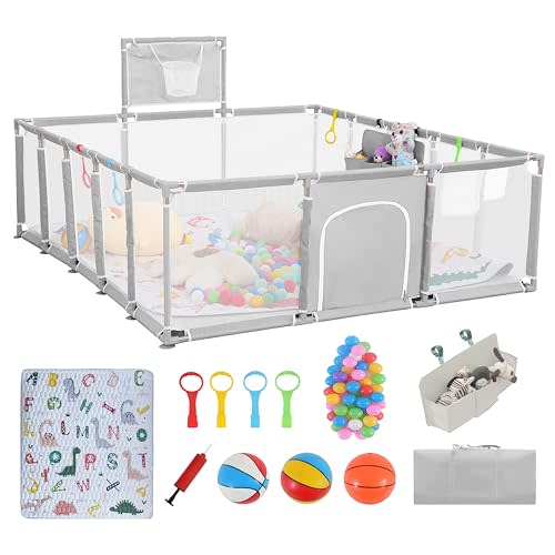 Baby playpen, 79"x71"Baby Playpen with Mat Indoor＆Outdoor Playpen for Babies and Toddlers with Breathable Play Pen with Ocean Balls Hanging Pocket Basketball Hoop (Light Gray)