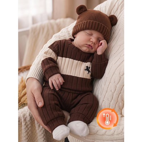 SHEIN 2pcs Newborn Baby Boy Unisex Sweater Pants Set Preppy Brown Horse Embroidery Ribbed Long Sleeve Round Neck Birthday Winter Fall Outfits Holiday