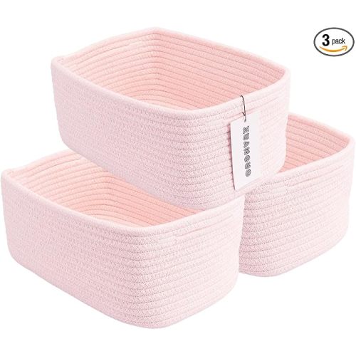 Small Woven Storage Baskets 12“X8”X5“ Decorative Rope Bins for Organizing Shelves, Closets, and Toys, Empty Gift Baskets, Cute Organizer Basket for Home and Office (pink, regular)
