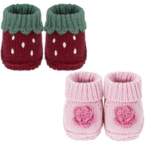 Newborn Knit Booties Soft Baby Sock Boots for Infant Boys Girls First Walkers 2 Pairs, 0-3 Months