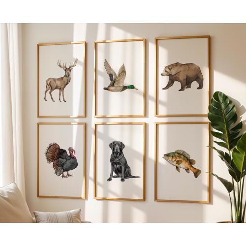 Set of 6 Hunting Nursery Wall Art, Mallard Duck, Black Labrador Deer Bear Turkey Fish Print, Hunting Dog Decor, Hunting Lover, Hunter,