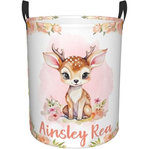 Deer Custom Baby Laundry Basket Personalized Gifts Customized Name Laundry Hamper For Kids Boys Girls Adults Collapsible Clothes Storage Organizer 16.5x13.3 In