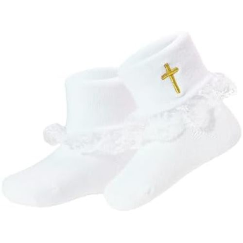 Baptism Socks for Baby Newborn White Turn Cuff Cross Socks,Toddler Ruffle Sock Christening Outfits for Boys Girls