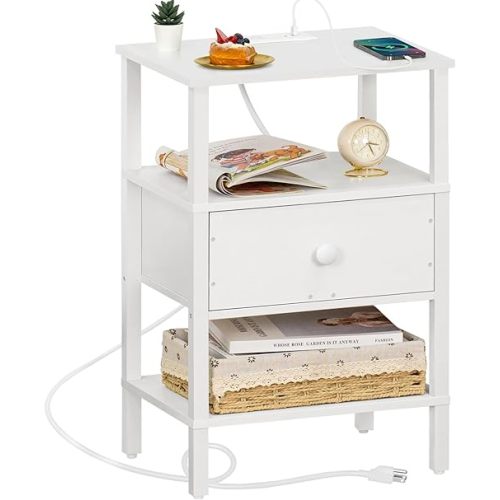 Lerliuo Nightstand with Charging Station and USB Ports, 3-Tier Storage End Table with Drawer Shelf, Night Stand for Small Spaces, Wood Bedside Table for Living Room, Bedroom - Elegant White