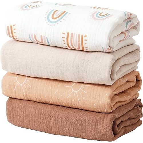 Happy Flute 4Set Muslin Swaddle Blankets–Ultra Soft Baby Blanket for Newborns,Receiving Blankets for Baby Girls & Boys–Baby Essentials 0-3 Years,40x40inches (Sun)