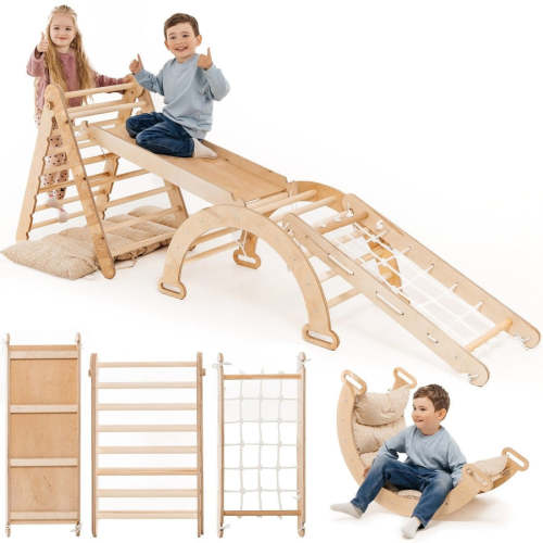 6in1 Montessori Climbing Set: Triangle Ladder, Arch, Slide, Net & Art Addition