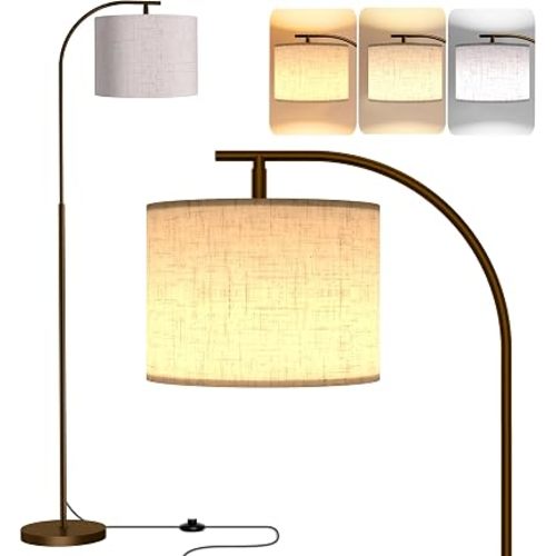 Floor Lamp with Linen Shade, Arc Dimmable Tall Standing Lamp with Remote Control, Modern Floor Reading Light for Living Room Bedroom Office Corner, 9W LED Bulb Included