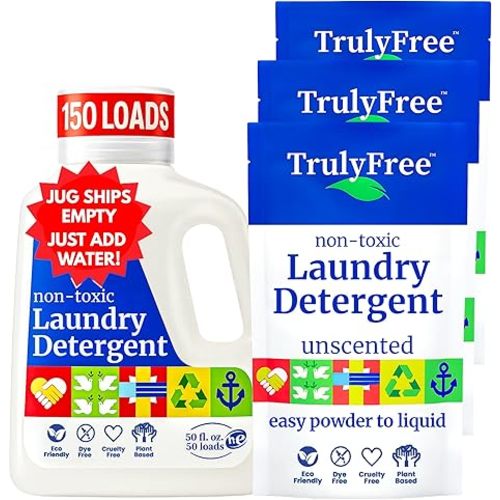 Truly Free Natural Laundry Detergent for Sensitive Skin | Eco Friendly, Plant Based, Baby Clothes Safe | Clean & Easy Powder to Liquid, 1 Pack Detergent + 1 Empty Reusable Jug | Unscented, 50 Loads