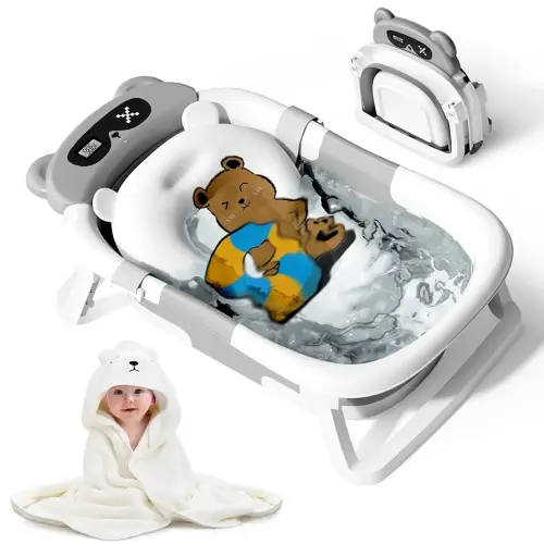 Kerbwry Baby Bathtub for Newborn to Toddler, Baby Bath Tub with Soft Towel and Floating Cushion, Baignoire Pour Bébé, Shower Essentials for Newborn (0-18 Months) Grey