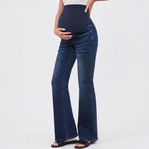 Anna-Kaci Women's Over-the-Belly Maternity Bootcut Jeans - Slim Fit Flare Stretch Denim Pants - Large, Navy