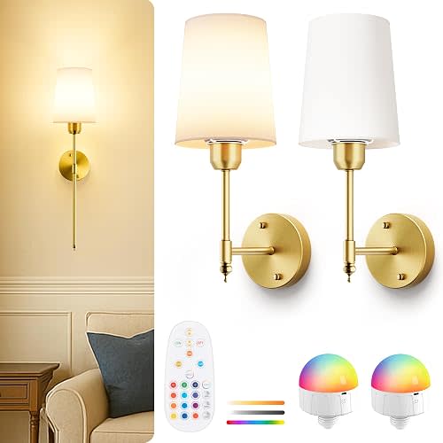 Battery Operated Wall Sconces Set of 2, Bronze Cordless Wall Lights with Rechargeable Magnetic Bulbs and Remote, Dimmable & 15 RGB Colors Wall Lamps for Bedroom Living Room Hallway 23Inch
