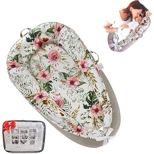 Baby Lounger for Newborn (0-24 Months)-100% Cotton Baby Nest Adjustable Size, 2-in-1 Play Mat & Diaper Changing Pad, Portable for Home&Travel, Infant Essentials Gifts(Grey-Edged Flower Bouquet)