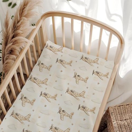Cute Plane Plaid Baby Crib Sheets for Boy Girl 28"x52" Vintage Airplanes Cloud Stars Checkered Fitted Crib Mattress Cover for Standard Crib and Toddler Mattress Transportation Bed Sheet