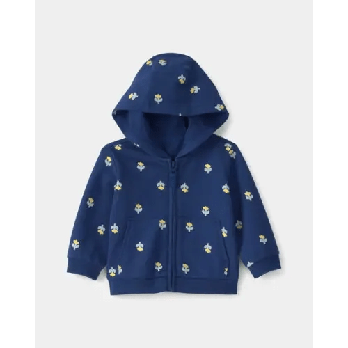 Baby Girl Floral French Terry Zip-Up Hoodie - Navy Blue | Carter's