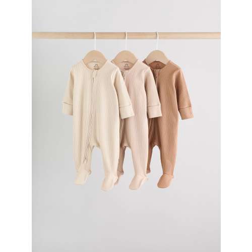 Beige Baby Two Way Zip Sleepsuits 3 Pack (0-2yrs)