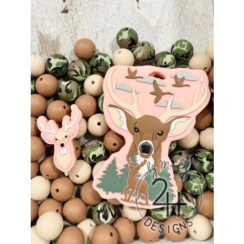 Buck Deer on Pink Teether with Matching Buck Focal Bead and Round Silicone Bead Mix / Beadable Items / DIY Projects / Hunting Theme