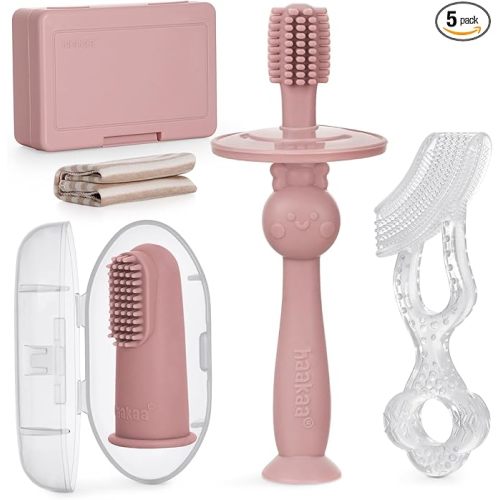 haakaa Training Toothbrush Set Oral Care Kit, Soft Silicone Toothbrush for Baby, Infants, Toddlers & Kids, Blush