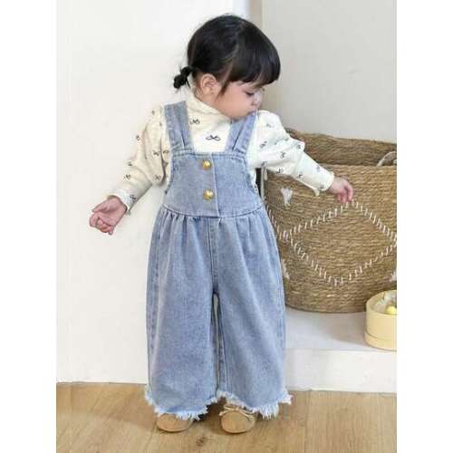 SHEIN Baby Girl Casual Washed Frayed Loose Denim Jumpsuit, Spring/Autumn | SHEIN USA