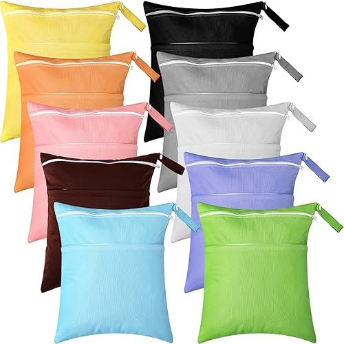 10 Pack Wet Dry Bags for Baby Cloth Diapers Waterproof Reusable Travel Bags with Two Zippered Pockets Beach Pool Pouch for Swimsuit Beach Pool Daycare Yoga Gym Dirty Wet Clothes 10 Colors