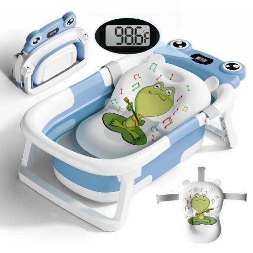 COOSEYA Collapsible Baby Bathtub with Cushion & Thermometer, Portable Bathing Tub for Newborn to Toddler (Frog/Blue)
