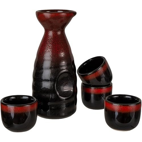 Urban Tokyo Japanese Sake 5 Piece Set Include 1 Sake Bottle and 4 Cups for Hot or Cold Sake Home or Restaurant Use Reactive Glazed Ceramic (Black and Red)