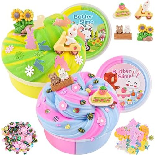 LAWOHO 2X120ml Butter Slime Kit Includes Two-Toned Butter Slimes with 6 Packs Add-Ins, Easter Slime Making Kit for Kids Party Favors Birthday Halloween Christmas Easter Basket Stuffers for Girls Boys