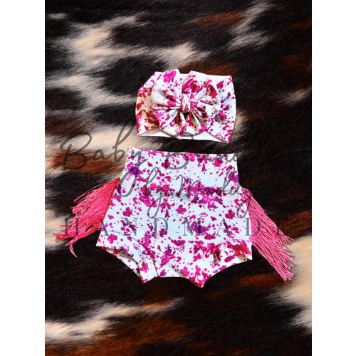 Hot Pink Cowhide Print Baby Bummy Shorts Set | Western Shredded Headwrap Bow