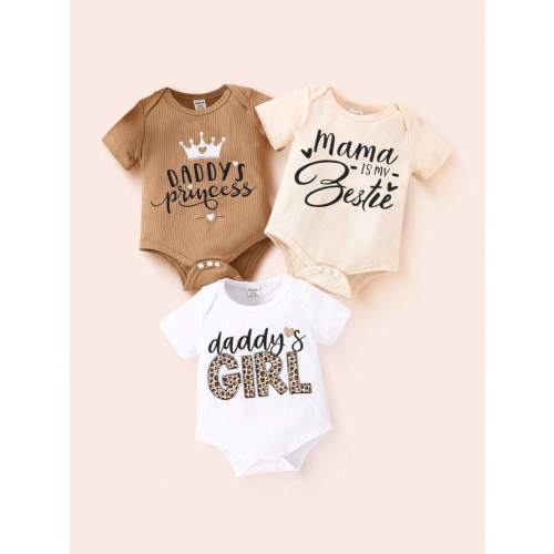 SHEIN 3pcs Newborn Baby Girl Summer Cartoon Print Letter Pattern Short Sleeve Romper White Apricot Brown Three Pieces Set Home Gifting Simple | SHEIN USA