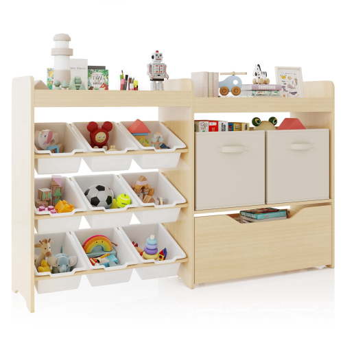 COSVALVE Wooden Kids Toy Storage Organizer with Bookshelf,9 Box Bins,Movable Drawer for Nursery Playroom Bedroom(Natural)