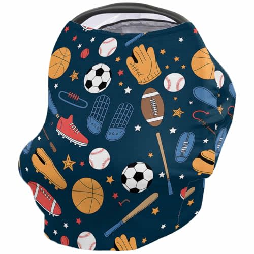 Sport Car Seat Covers for Babies Boy Girl Capony Covers Basketball Baseball Football Nursing Cover Breastfeeding Scarf Soft Breathable Stretchy Coverage, Infant Stroller Cover Shopping Cart