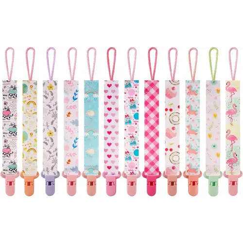12 Pack Pacifier Clips with Strap 25.5cm - Premium Polyester Baby Pacifier Holder Set, Multi-Design Clips for Girls Boys(Multi Color B)