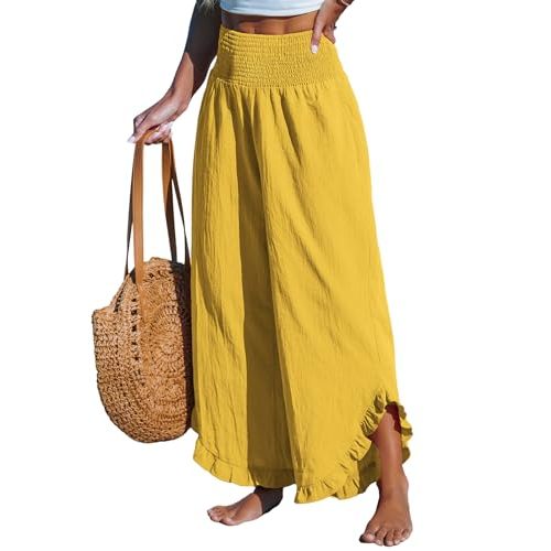 CUPSHE Women Smocked Waist Pants - Straight Leg Loose Fit with Ruffle Cuffs Casual Beach Trousers