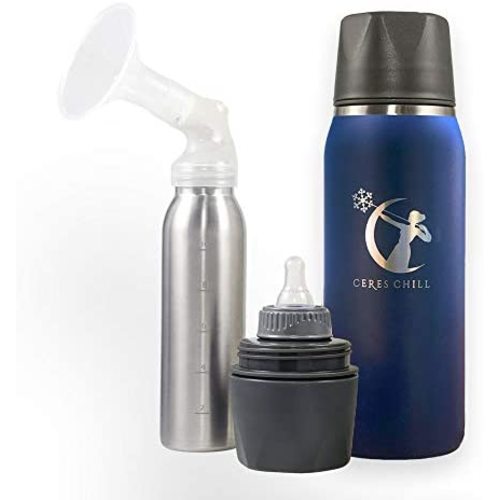 Breastmilk Chiller Reusable Storage Container by CERES CHILL | Cooler - Keeps Milk at Safe temperatures for 20+ Hours | Bottle Connects w/Most Major Pumps (1 Chiller, Set Sail! Navy)