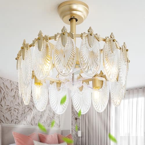 DSYBRI 20 Inch Gold Crystal Fandelier Ceiling Fan with Light, Mid Century Gold Fandelier Ceiling Fans with Lights Remote Control, Caged with 6 Speeds for Bedroom, Nursery, Living Room(US-FS-SJ04)