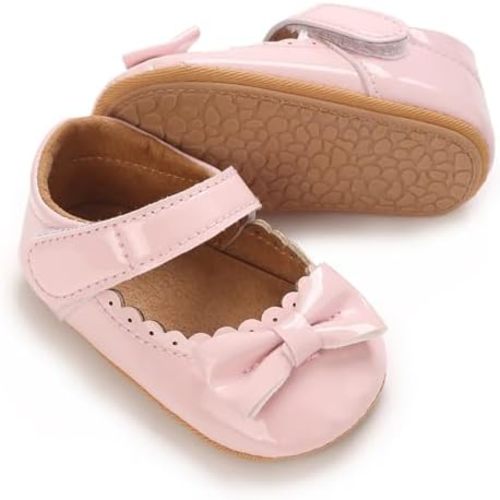 Clowora Infant Toddler Baby Girl Dress Shoes Mary Jane First Walking PU Leather Princess Wedding Rubber Sole Non-Slip with Bowknot Floral Flats